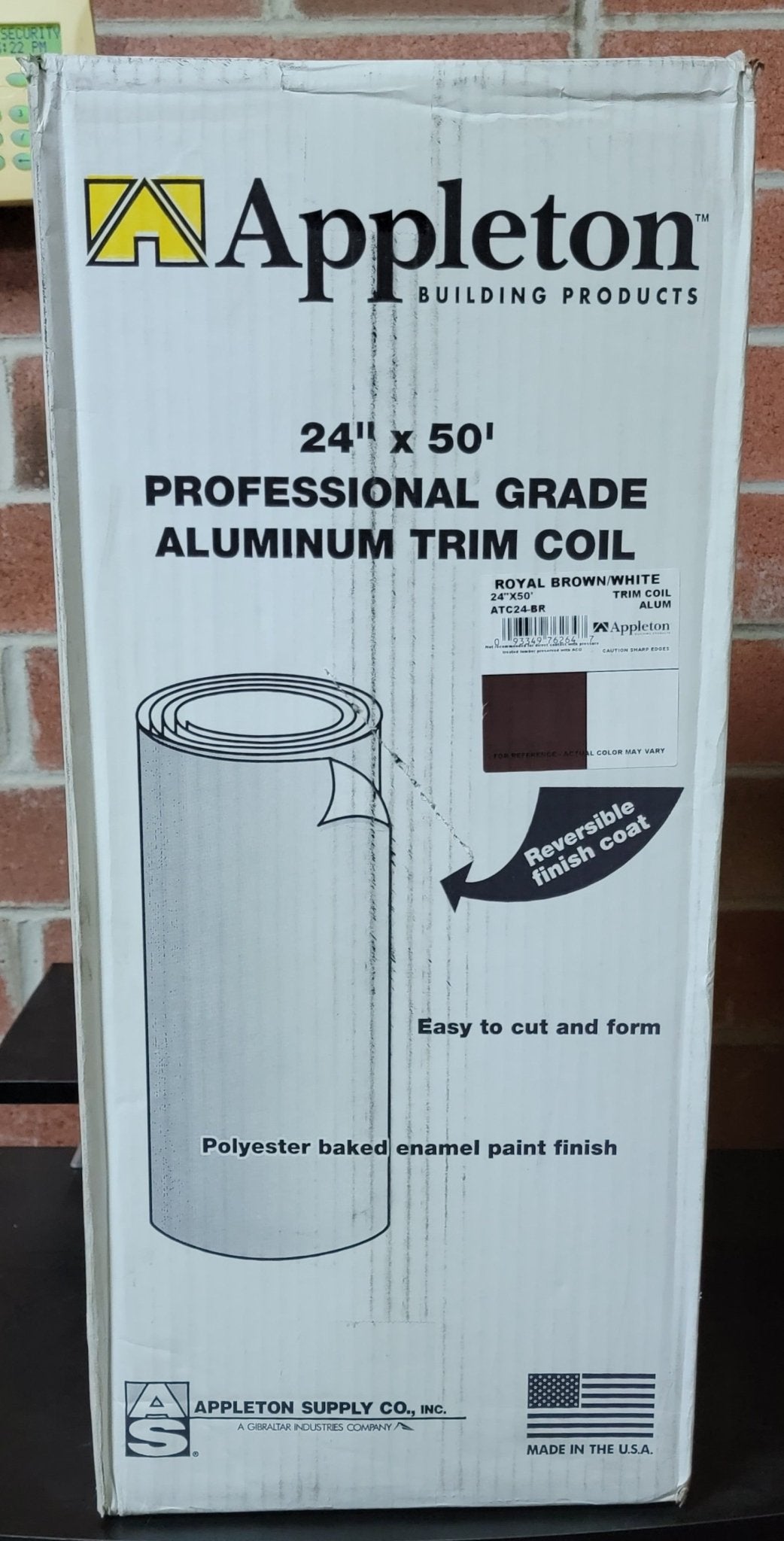 Appleton Aluminum Trim Coil 24" x 50' x .019" Royal Brown White Flashing Roll Roofing - resaled - Appleton - 093349762647