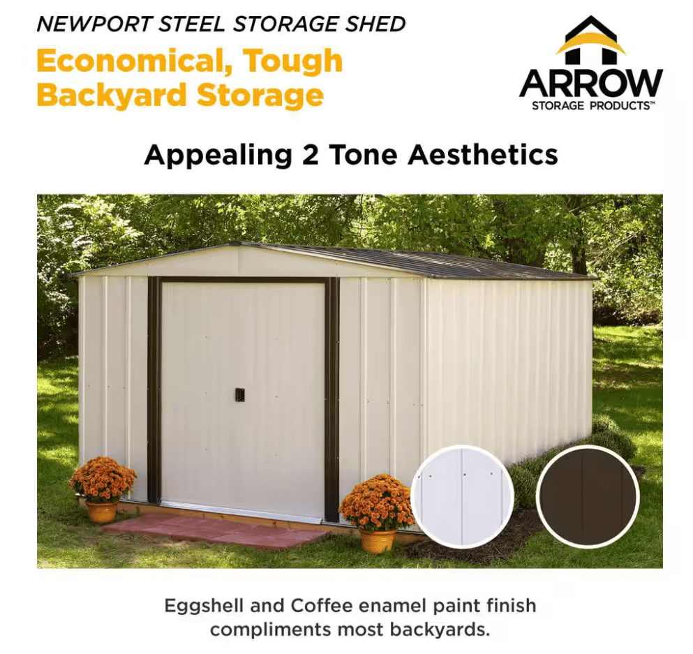 Arrow Newport 10 ft. x 12 ft. Galvanized Metal Shed Sliding Lockable Doors 2 - Tone Eggshell Coffee - resaled - Arrow - 026862106841