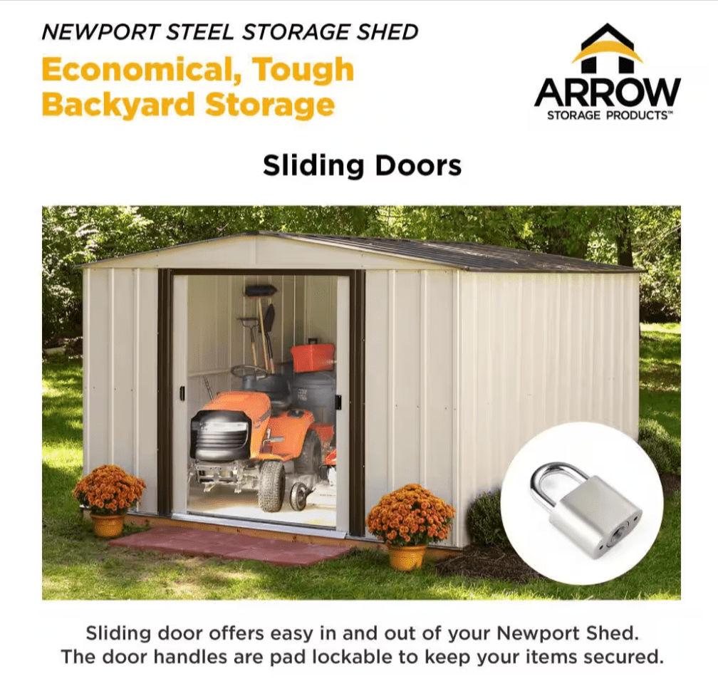 Arrow Newport 10 ft. x 12 ft. Galvanized Metal Shed Sliding Lockable Doors 2 - Tone Eggshell Coffee - resaled - Arrow - 026862106841