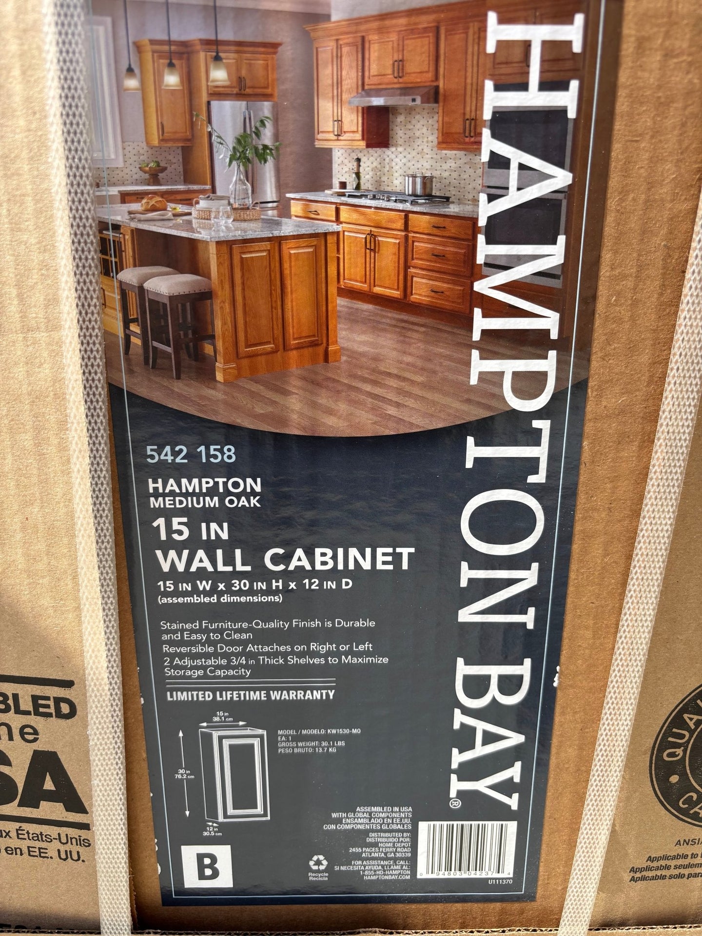 HAMPTON BAY 15 in. W x 12 in. D x 30 in. H Assembled Wall Kitchen Cabinet Medium Oak KW1530 - MO - resaled - Hampton Bay - 094803042374