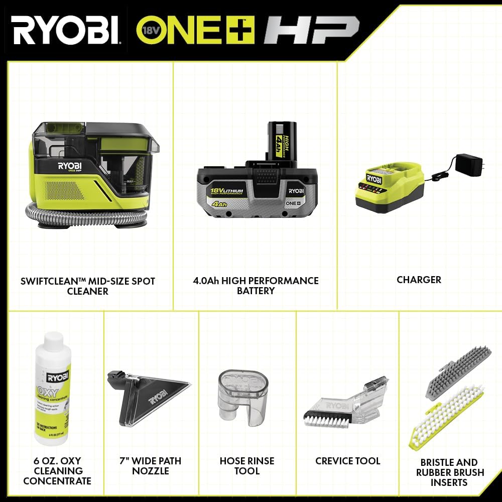 Ryobi ONE+ HP 18V Cordless SWIFTClean Mid Size Spot Carpet Cleaner Kit PBLHV704K 4.0 Ah Battery Charger - resaled - Ryobi - 033287216444