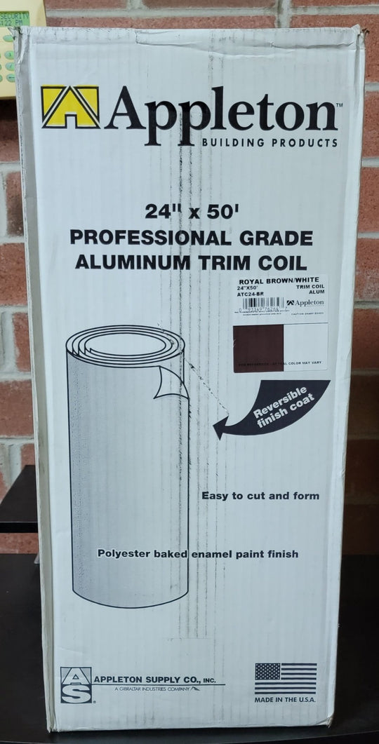 Appleton Aluminum Trim Coil 24" x 50' x .019" Royal Brown White Flashing Roll Roofing - resaled - Appleton - 093349762647