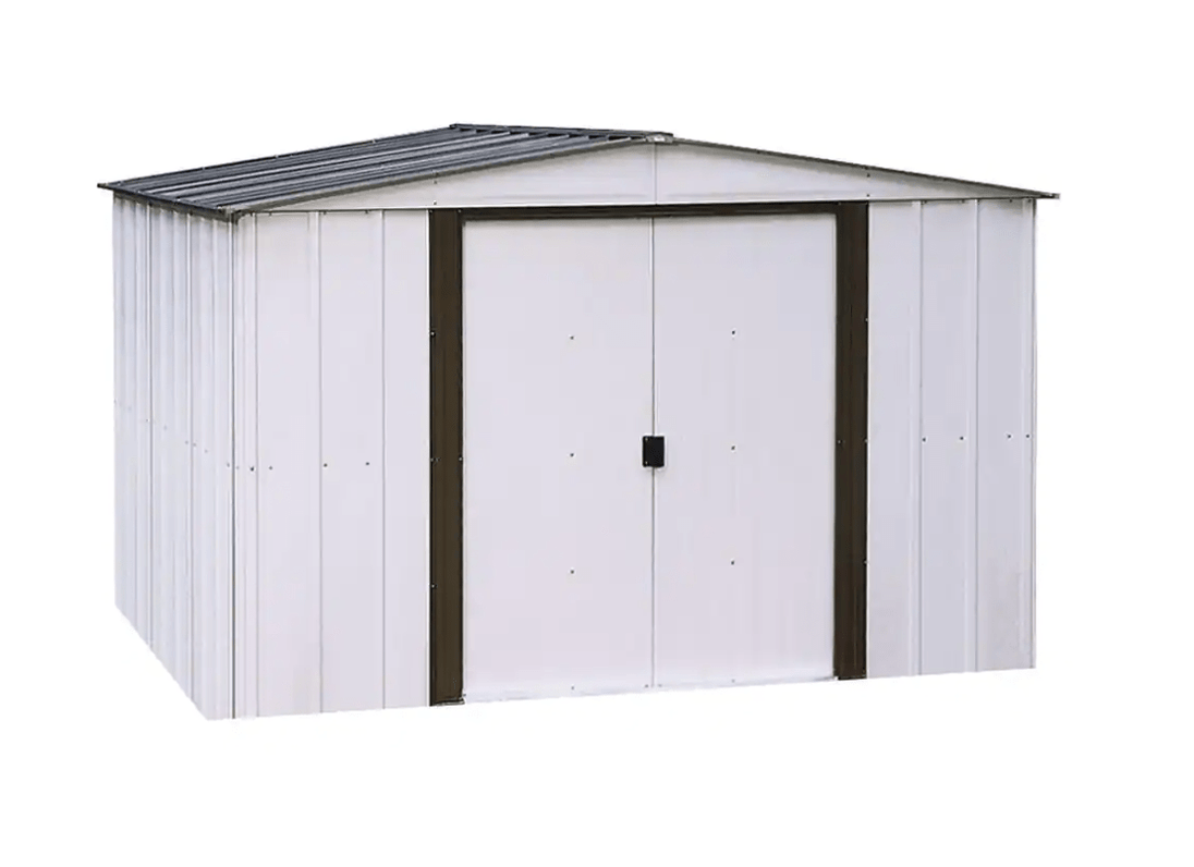 Arrow Newport 10 ft. x 12 ft. Galvanized Metal Shed Sliding Lockable Doors 2 - Tone Eggshell Coffee - resaled - Arrow - 026862106841