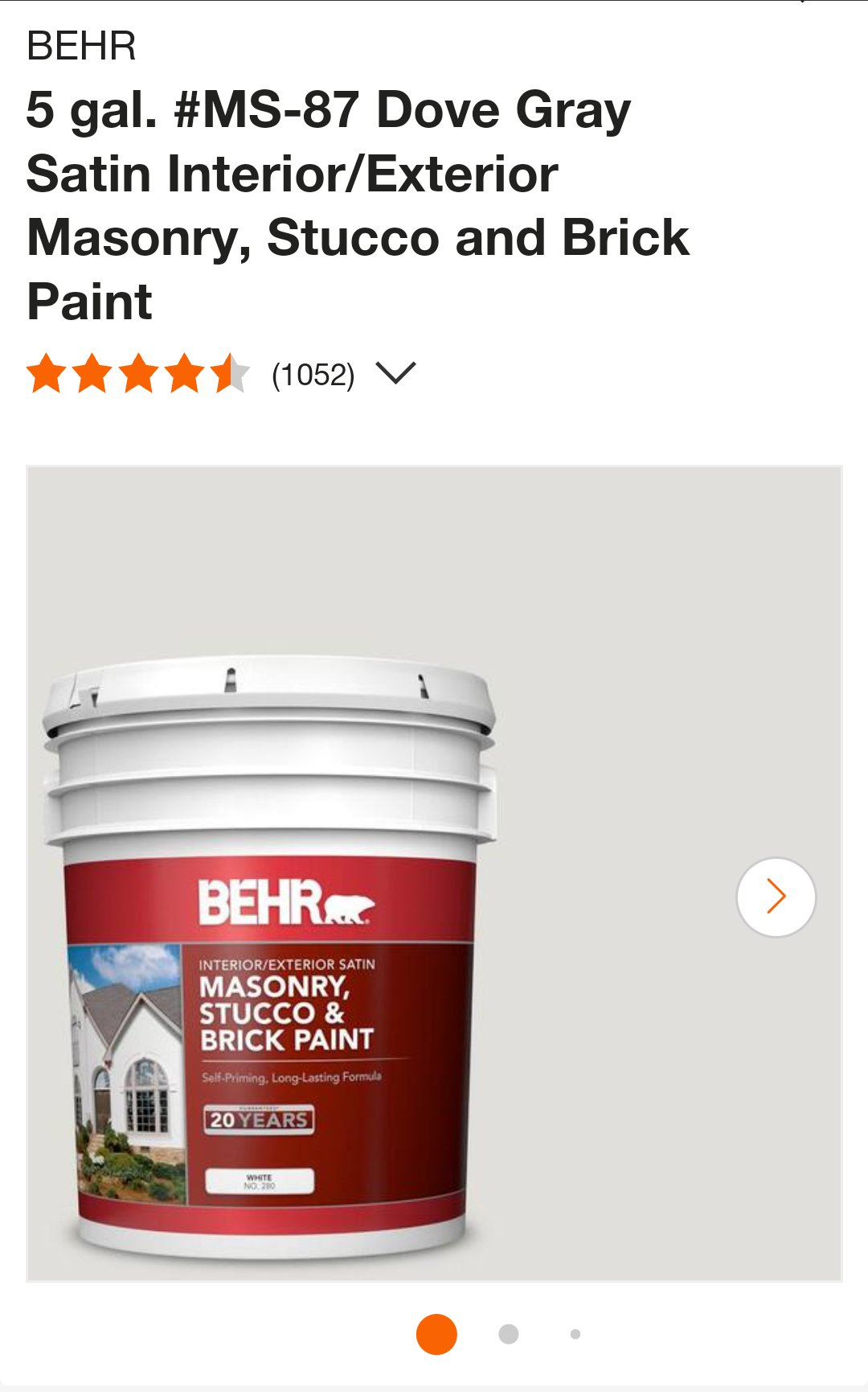 Behr 5 Gal Satin Paint Dove Gray Masonry Stucco Gallon Interior Exterior Bucket MS-87 - resaled - Behr - MS-87