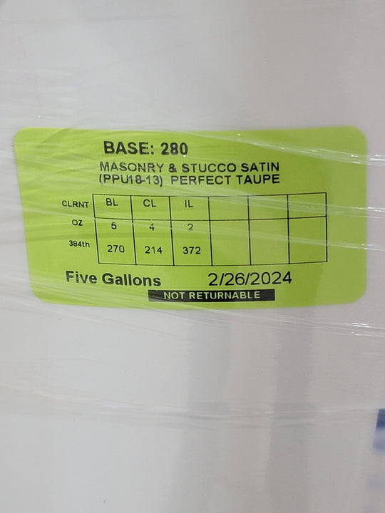 Behr 5 Gal Satin Paint Perfect Taupe Masonry Stucco Gallon Interior Exterior Bucket PPU18-13 - resaled - Behr - PPU18-13