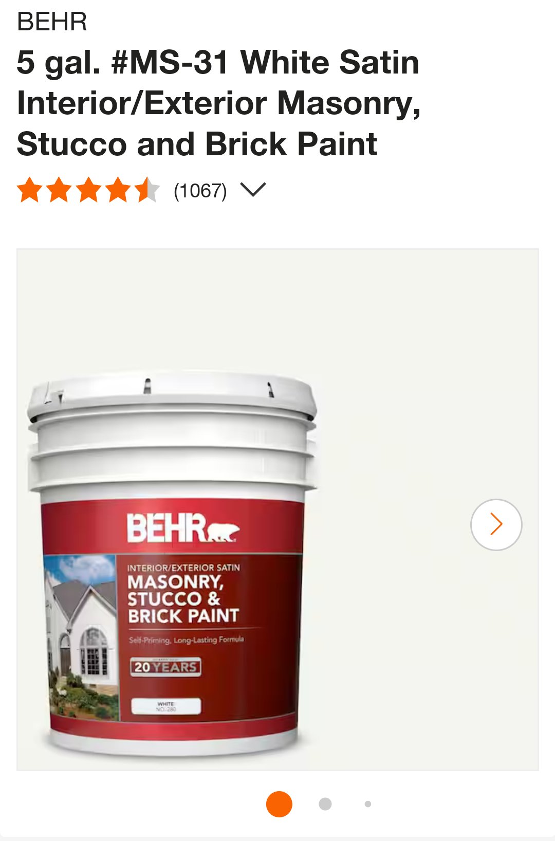 Behr 5 Gal Satin Paint White Masonry Stucco Gallon Interior Exterior Bucket MS-31 - resaled - Behr - MS-31