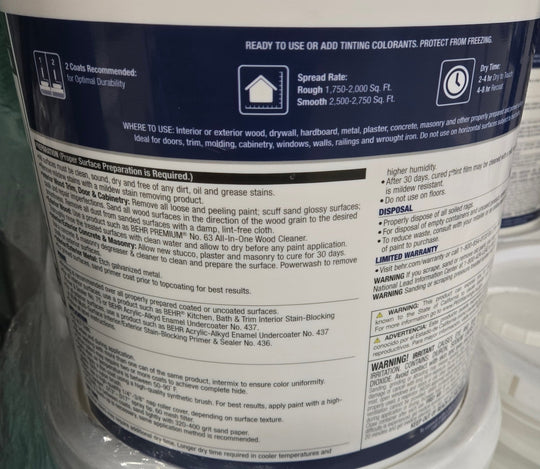 Behr 5 gal. White Urethane Alkyd Semi - Gloss Enamel Interior Exterior Paint Trim Doors Cabinets - resaled - Behr - 678885196271