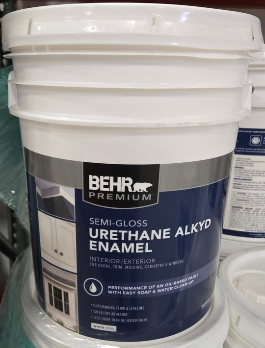 Behr 5 gal. White Urethane Alkyd Semi - Gloss Enamel Interior Exterior Paint Trim Doors Cabinets - resaled - Behr - 678885196271