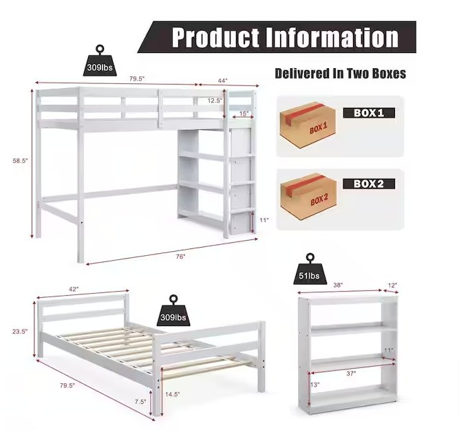 Costway White Twin Over Twin Loft Bunk Bed Wood Bookcase Guardrail Ladder Kids Bedroom - resaled - Costway - 6554714100104