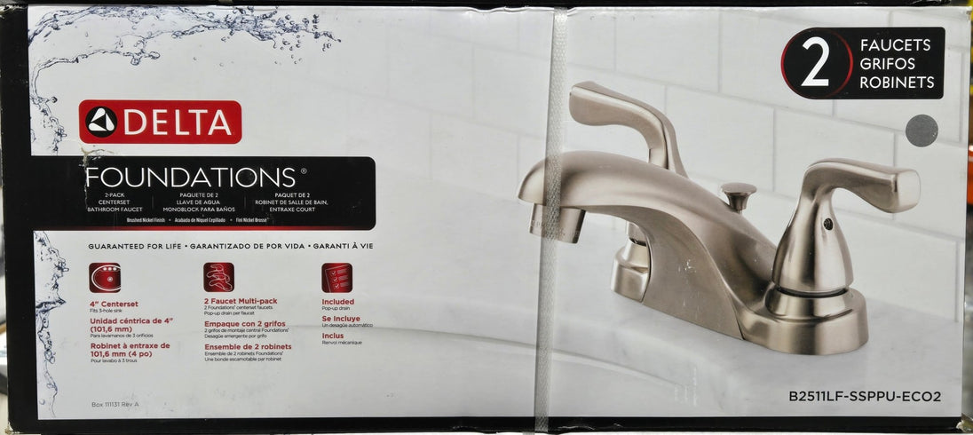 Delta 2 pack Foundations 4 in. Centerset 2 - Handle Bathroom Faucet Brushed Nickel B2511LF - SSPPU - ECO2 - resaled - American Standard - 195205035527