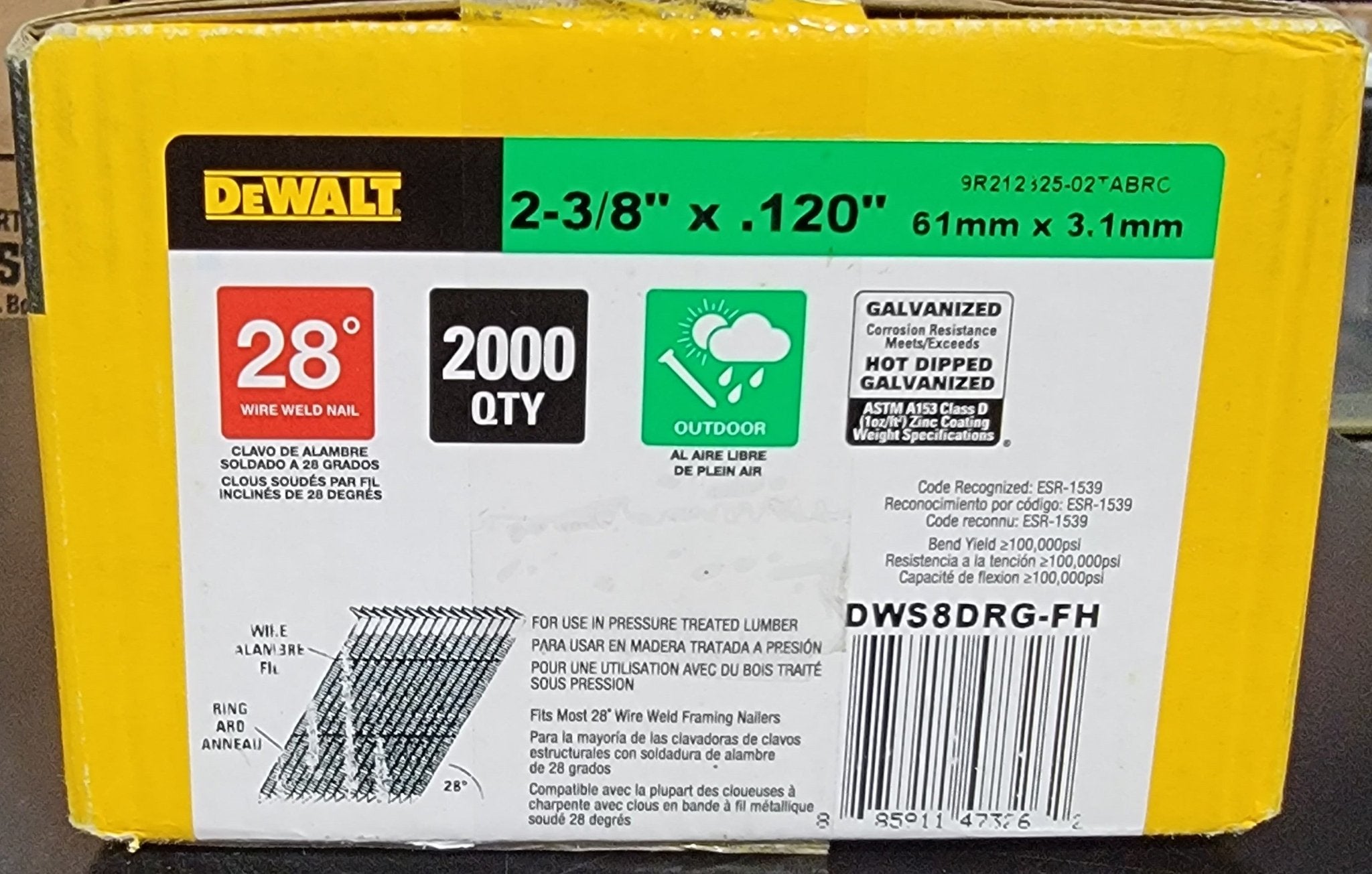 Dewalt DWS8DRG FH 28Ga Framing Nails 2 3 8 x .120 Wire Weld Galvaniz