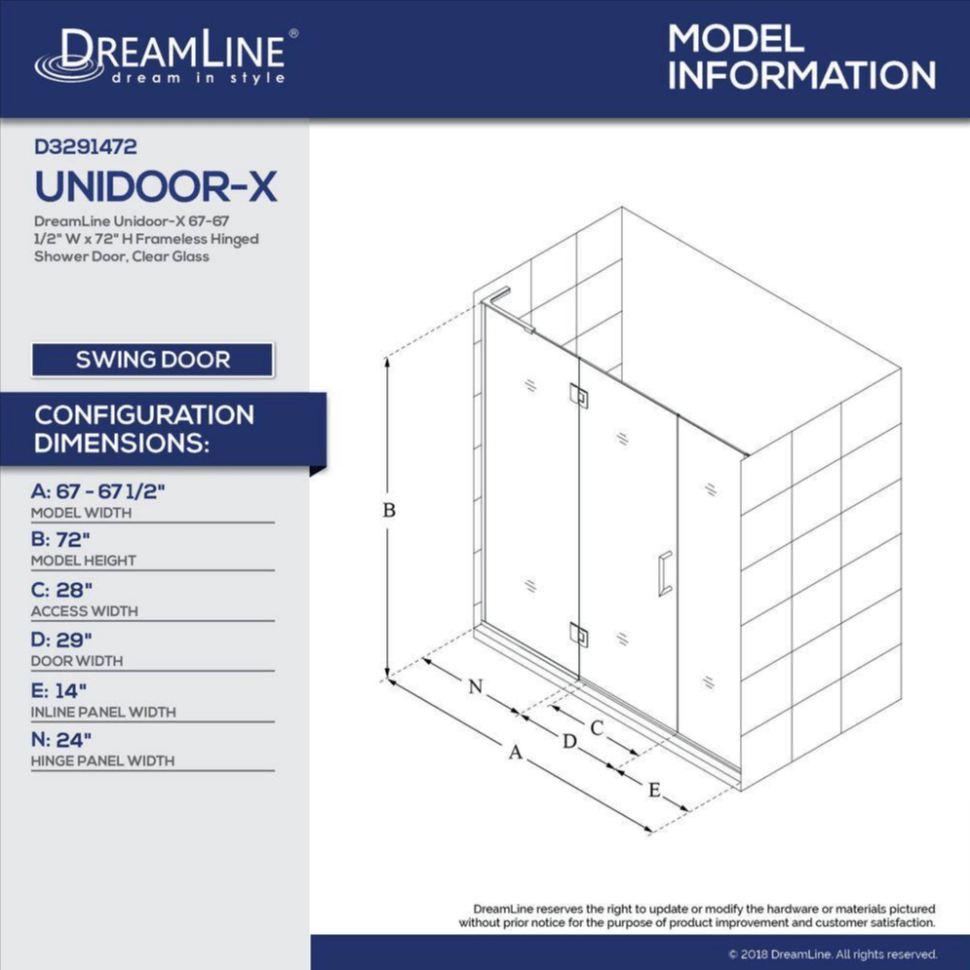 DreamLine Unidoor - X 67 in. to 67.5 in. x 72 in. Frameless Hinged Shower Door Matte Black D3291472L - 09 - resaled - DreamLine - 849388045803