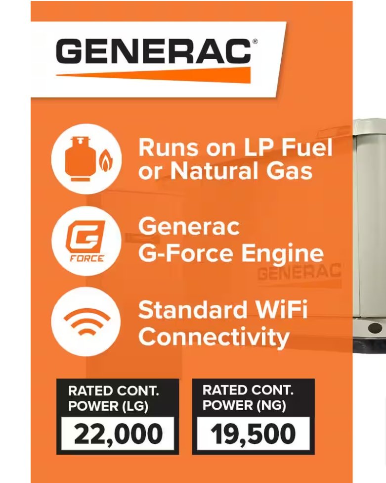 Generac Guardian 70433 Whole House Generator 22,000-Watt LP 19,500-Watt NG Air-Cooled WIFI 22KW 7043 - resaled - Generac - 696471074215