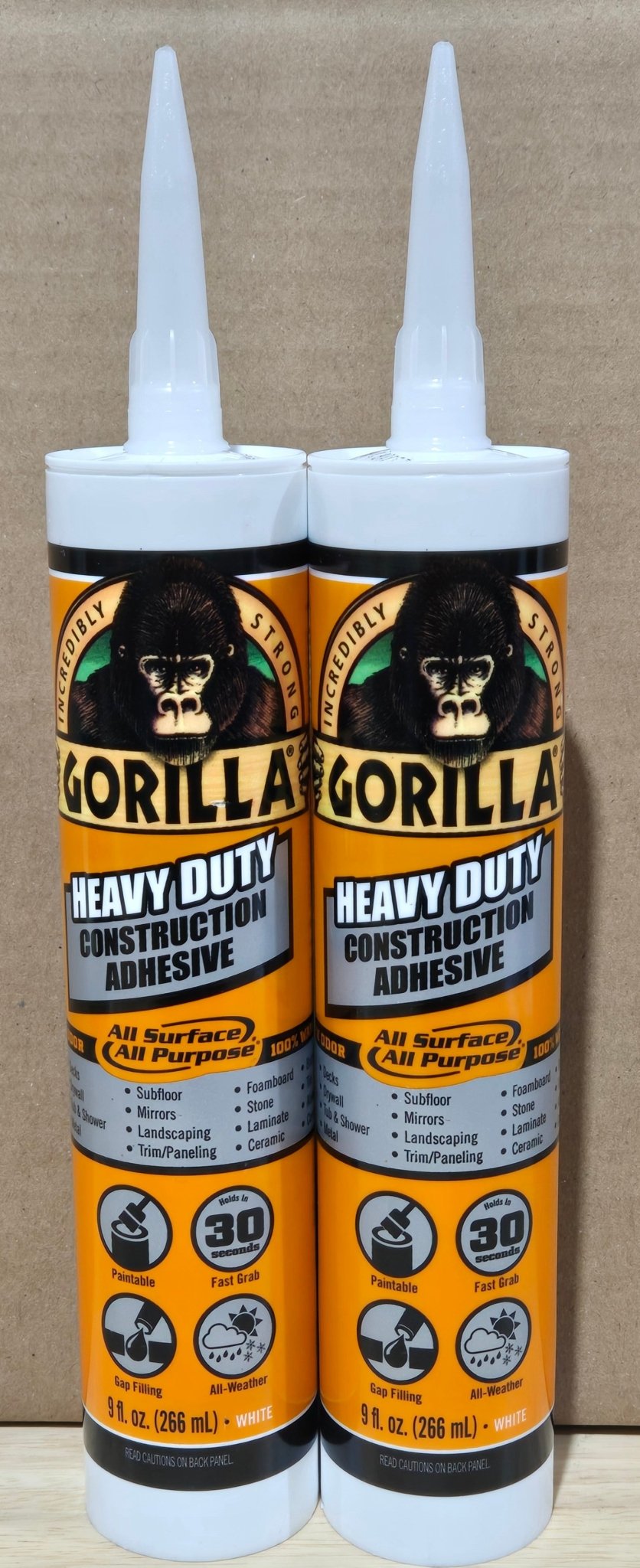 Gorilla 2 Pack Heavy Duty Construction Adhesive 9 oz Tube Waterproof White 8010003 - resaled - Gorilla - 052427801005