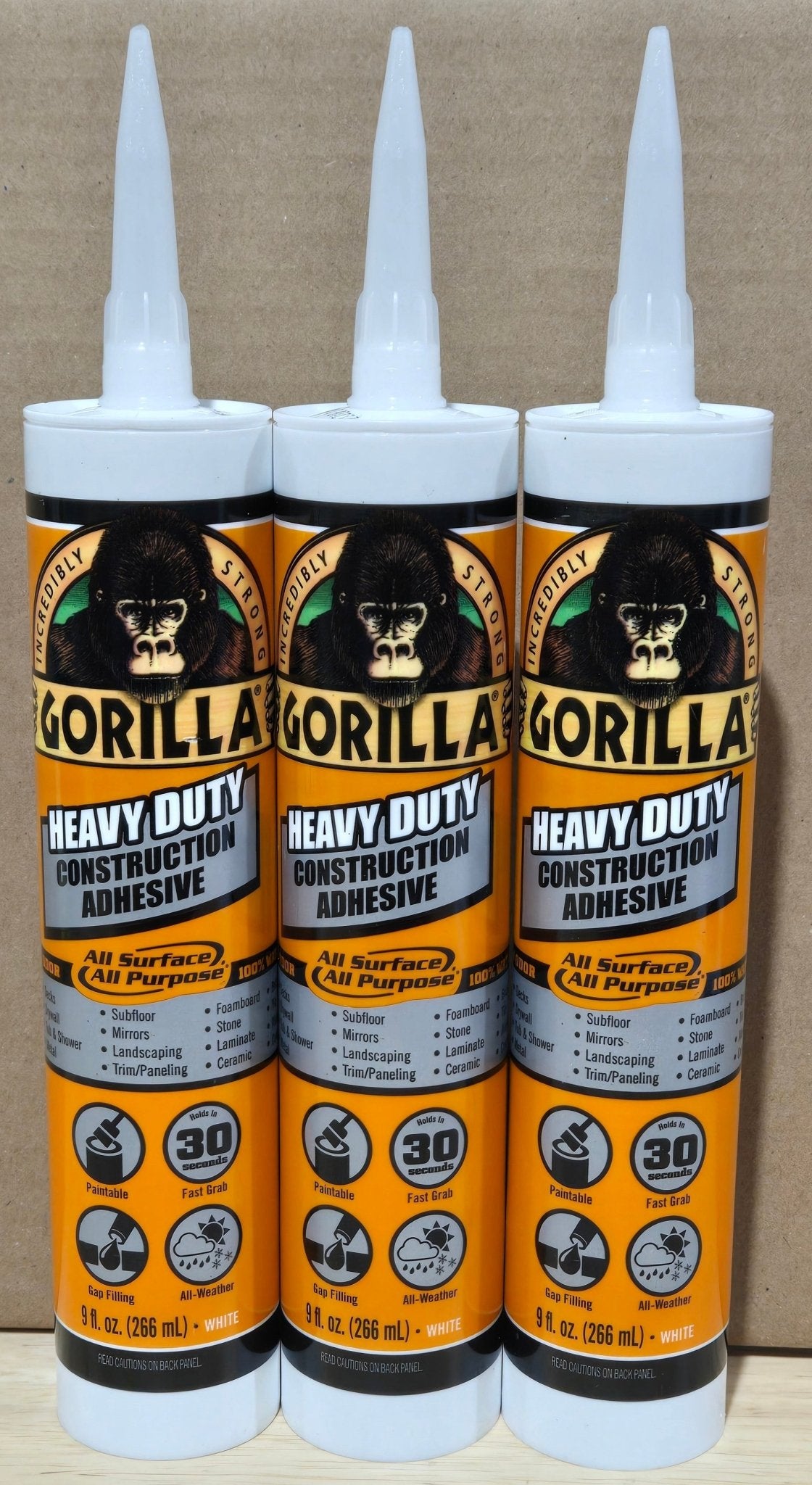 Gorilla 3 Pack Heavy Duty Construction Adhesive 9 oz Tube Waterproof White 8010003 - resaled - Gorilla - 052427801005