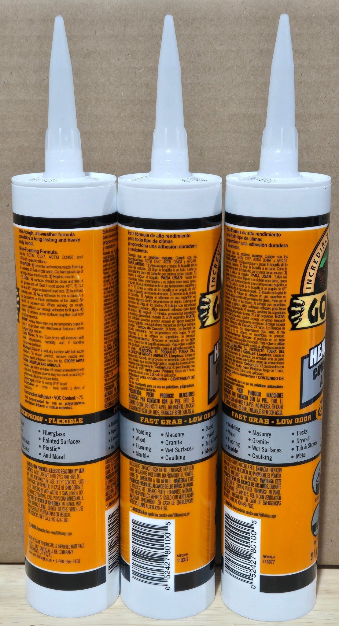 Gorilla 3 Pack Heavy Duty Construction Adhesive 9 oz Tube Waterproof White 8010003 - resaled - Gorilla - 052427801005