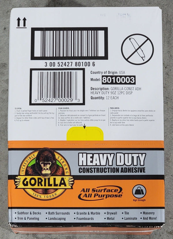 Gorilla Heavy Duty Construction Adhesive 12 Pack Case 9oz Tube Waterproof White 8010003 - resaled - Gorilla - 052427000293