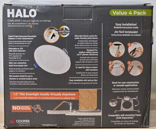 HALO HLBSL 4 in. Can Less Integrated LED White 4 - Pack HLBSL406FS5 - 4PK 600 Lumens 5CCT - resaled - Halo - 080083297269