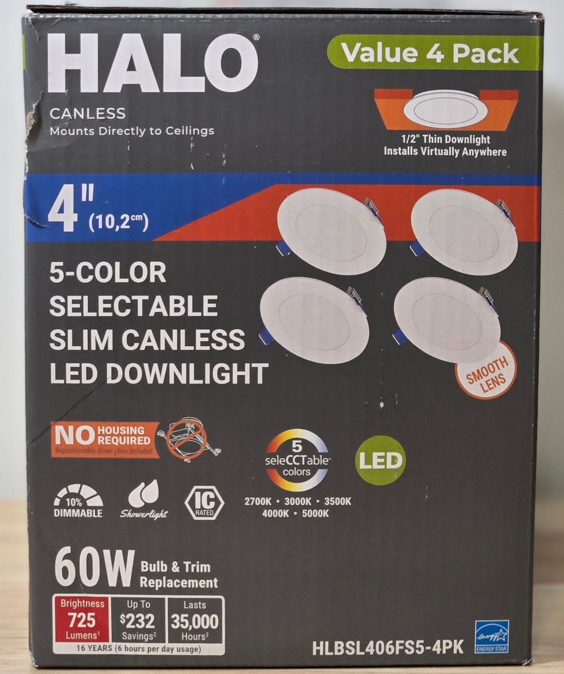 HALO HLBSL 4 in. Can Less Integrated LED White 4 - Pack HLBSL406FS5 - 4PK 600 Lumens 5CCT - resaled - Halo - 080083297269
