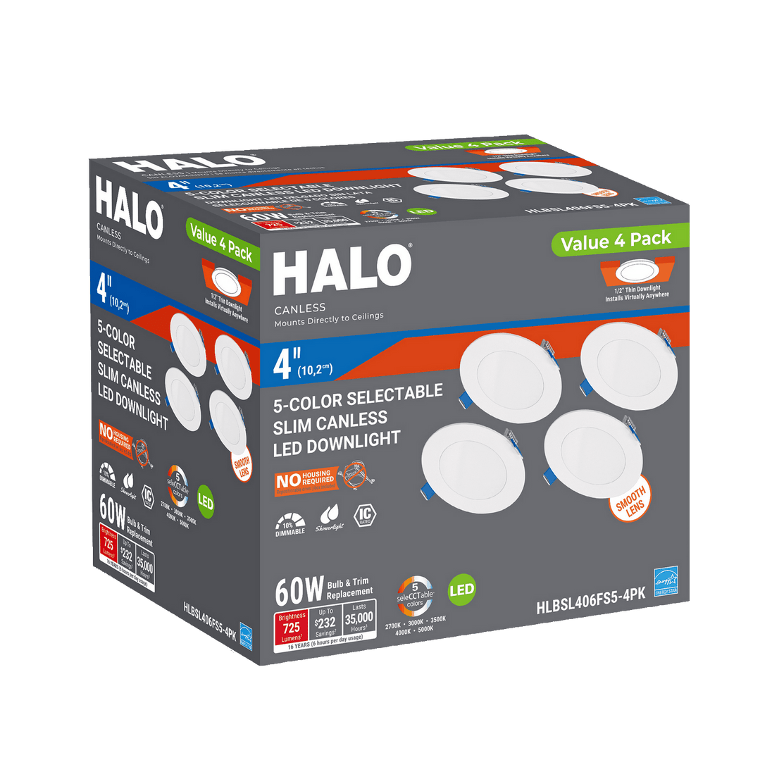 HALO HLBSL 4 in. Can Less Integrated LED White 4 - Pack HLBSL406FS5 - 4PK 600 Lumens 5CCT - resaled - Halo - 080083297269