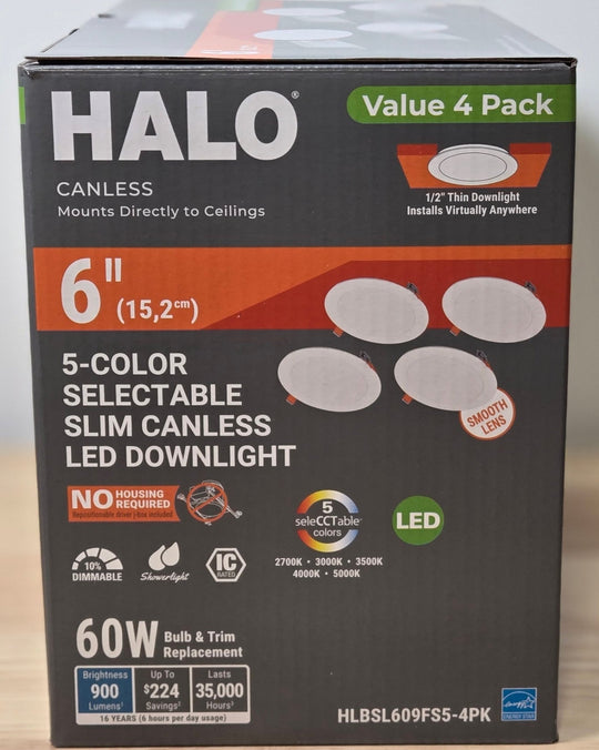 HALO HLBSL 6 in. Can Less Integrated LED White 4 - Pack HLBSL609FS5 - 4PK 900 Lumens 5CCT - resaled - Halo - 080083297283