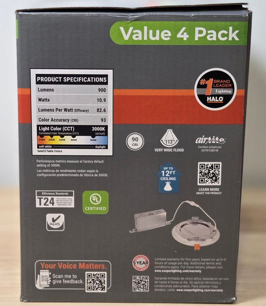 HALO HLBSL 6 in. Can Less Integrated LED White 4 - Pack HLBSL609FS5 - 4PK 900 Lumens 5CCT - resaled - Halo - 080083297283