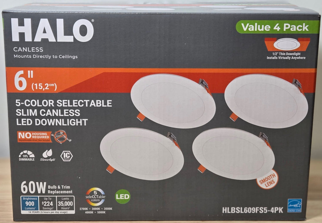 HALO HLBSL 6 in. Can Less Integrated LED White 4 - Pack HLBSL609FS5 - 4PK 900 Lumens 5CCT - resaled - Halo - 080083297283