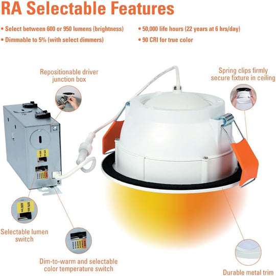 Halo RA 6 in. Gimbal Integrated LED Recessed Light Trim, 600 Lumens/1000 Lumens, 5 Selectable CCT, D2W, 120-Volt, DM - resaled - Halo - 080083283033