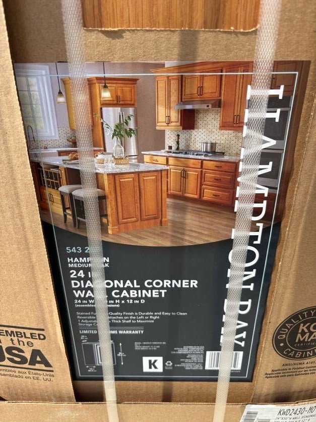 Hampton Bay 24 in. W x 12 in. D x 30 in. H Assembled Diagonal Corner Wall Kitchen Cabinet Medium Oak KWD2430 - MO - resaled - Hampton Bay - 094803042459