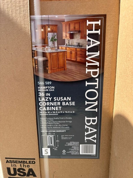 Hampton Bay 25 in. W x 16.5 in. D x 34.5 in. H Assembled Lazy Susan Corner Base Kitchen Cabinet Medium Oak KBLS36 - MO - resaled - Hampton Bay - 094803042558