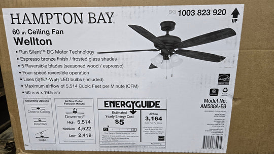Hampton Bay AM588A - EB Wellton 60 in LED Espresso Bronze DC Motor Ceiling Fan with Light - resaled - Hampton Bay - 792145374411