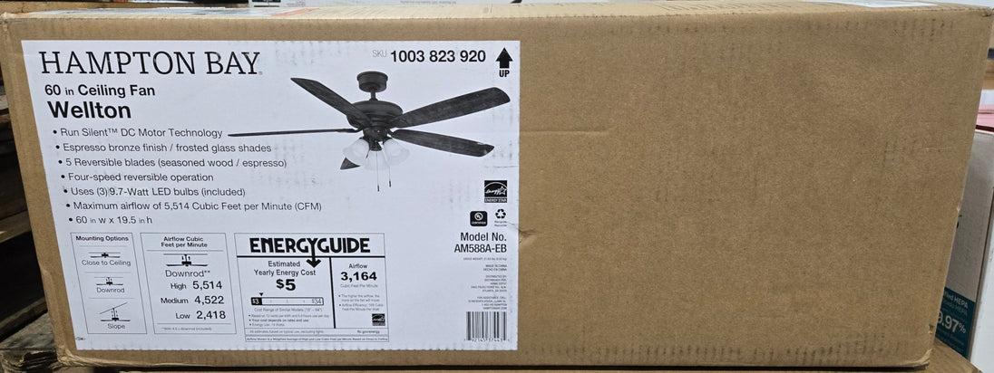 Hampton Bay AM588A - EB Wellton 60 in LED Espresso Bronze DC Motor Ceiling Fan with Light - resaled - Hampton Bay - 792145374411
