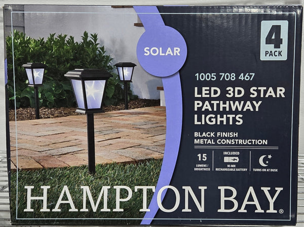 Hampton Bay Solar Outdoor Path LED Light 4 - Pack 15 Lumens Black 3D Star Pattern Weather Water Rust Resistant - resaled - Hampton Bay - 082392621131