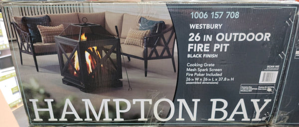 Hampton Bay Westbury Outdoor Wood Fire Pit 26 in. W x 37.8 in. Black Square New - resaled - Hampton Bay - 872076046486