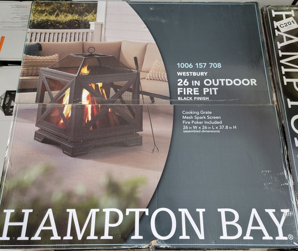 Hampton Bay Westbury Outdoor Wood Fire Pit 26 in. W x 37.8 in. Black Square New - resaled - Hampton Bay - 872076046486