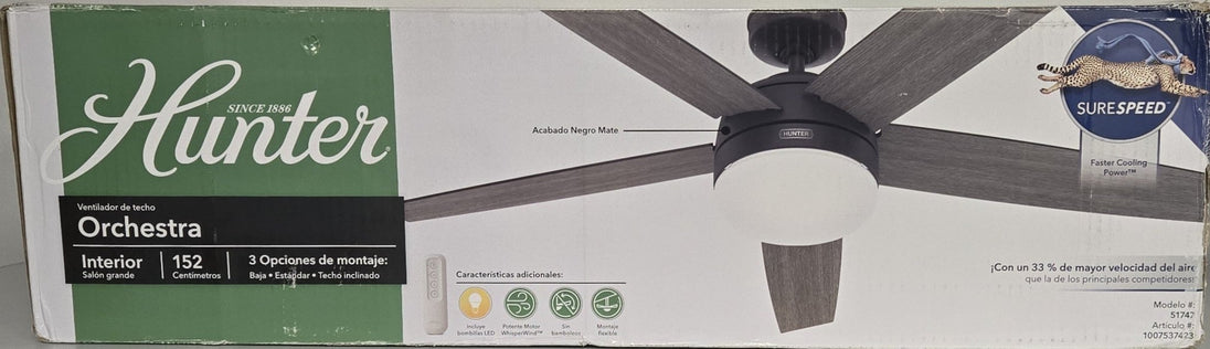 Hunter Orchestra 60 in. Indoor Matte Black Ceiling Fan 51747 Remote Light Kit - resaled - Hunter - 049694517470