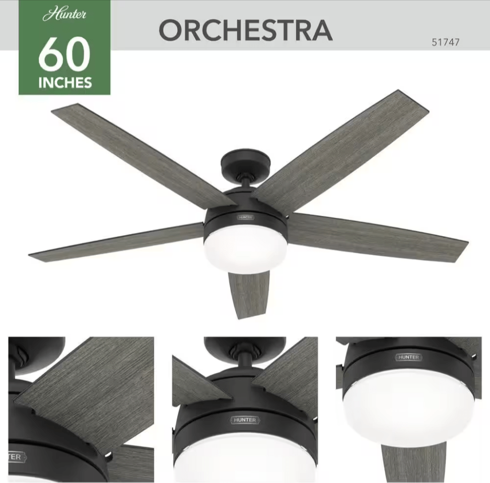 Hunter Orchestra 60 in. Indoor Matte Black Ceiling Fan 51747 Remote Light Kit - resaled - Hunter - 049694517470