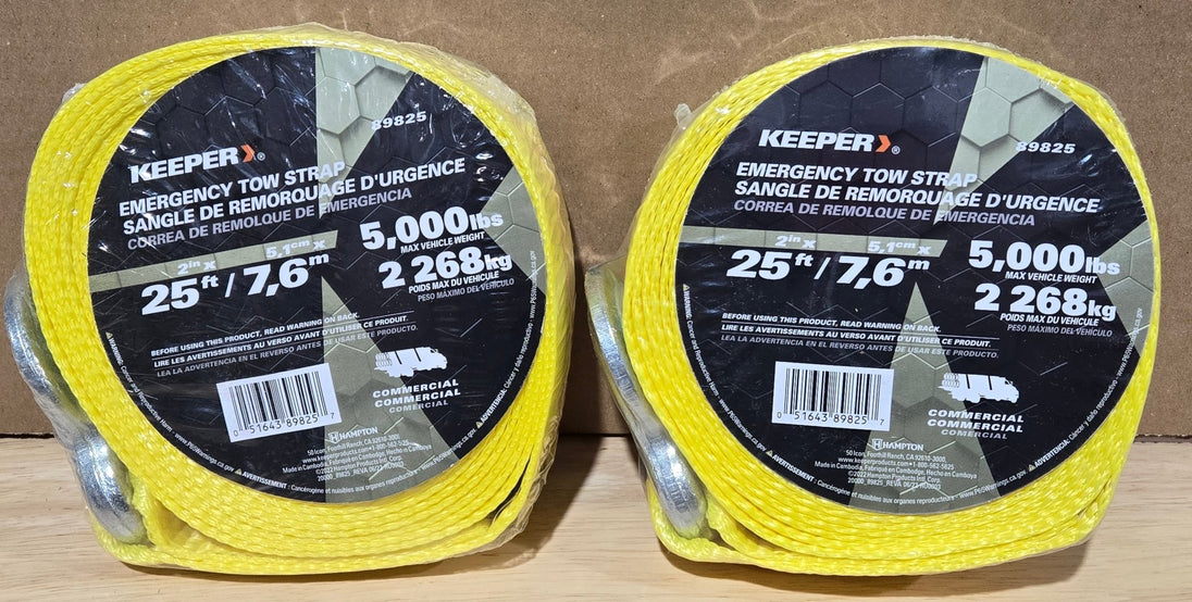 Keeper Lot of 2x Tow Strap 25 ft. x 2 in. Heavy - Duty Emergency Steel Hook 5000 lb Yellow - resaled - Keeper - 051643898257