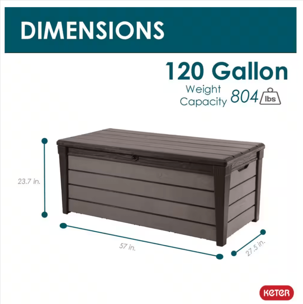 Keter Brushwood 120 Gal. Large Deck Box Outdoor Storage Brown 227011 Patio Lawn Garden Durable Resin Plastic - resaled - Keter - 731161044366