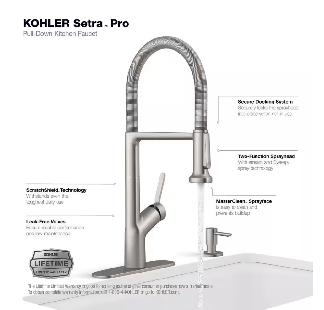 Kohler Setra Single - Handle Kitchen Sink Faucet Stainless K - R29343 - SD - VS Semi - Professional Soap Dispenser - resaled - Kohler - 885612846631