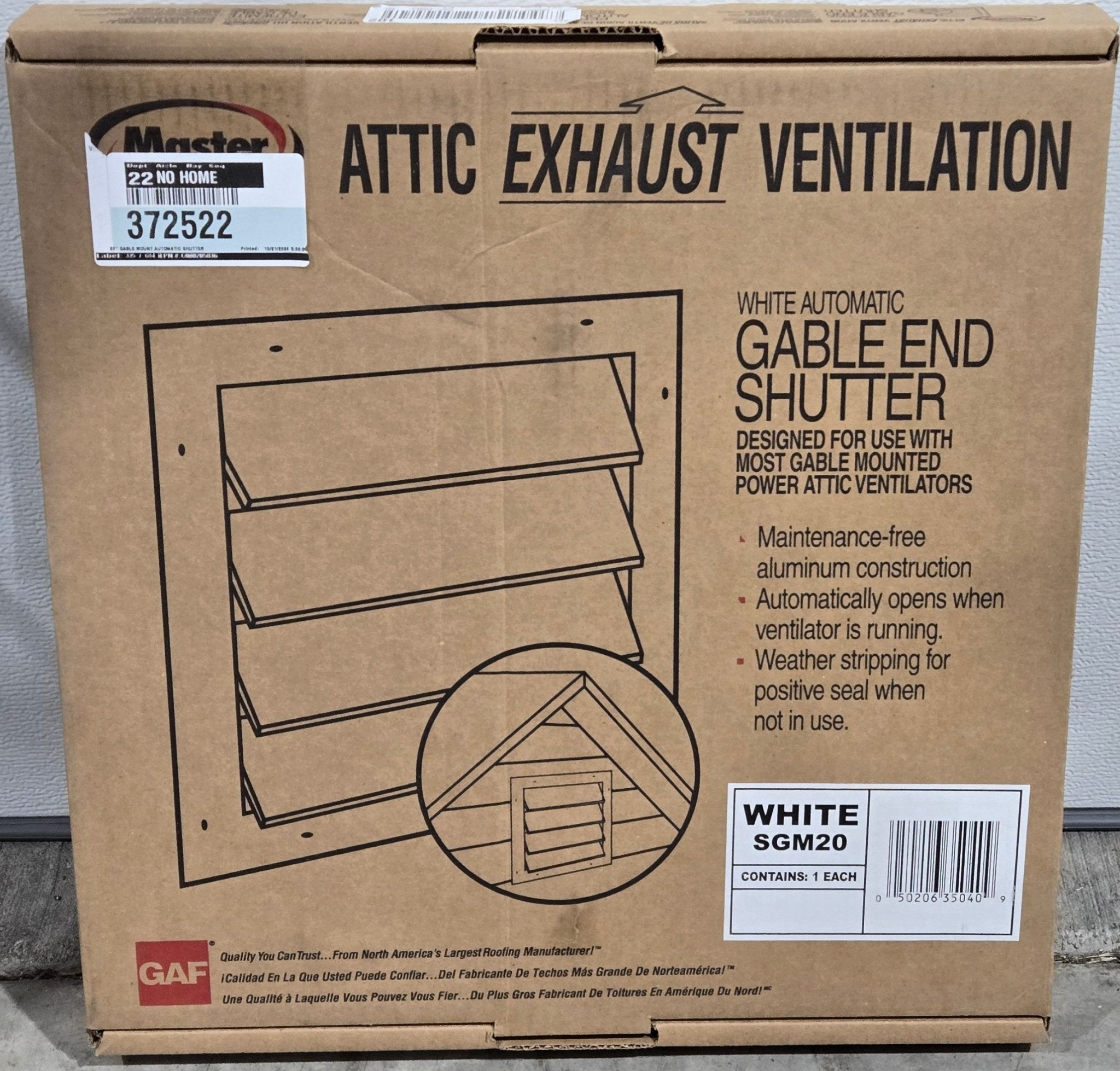 GAF Master Flow Aluminum Automatic Shutter Gable Louver Vent SGM20 19.