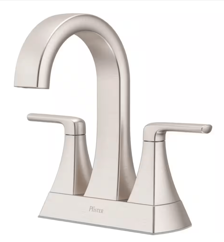 Pfister Bruxie Brushed Nickel Bathroom Faucet LF048 - BIEGS High Arc 4 in. Centerset Double Handle Drain Kit Included Spot Defense - resaled - Pfister - 038877667576