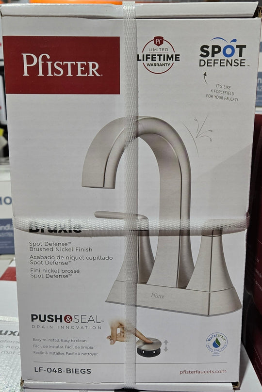 Pfister Bruxie Brushed Nickel Bathroom Faucet LF048 - BIEGS High Arc 4 in. Centerset Double Handle Drain Kit Included Spot Defense - resaled - Pfister - 038877667576