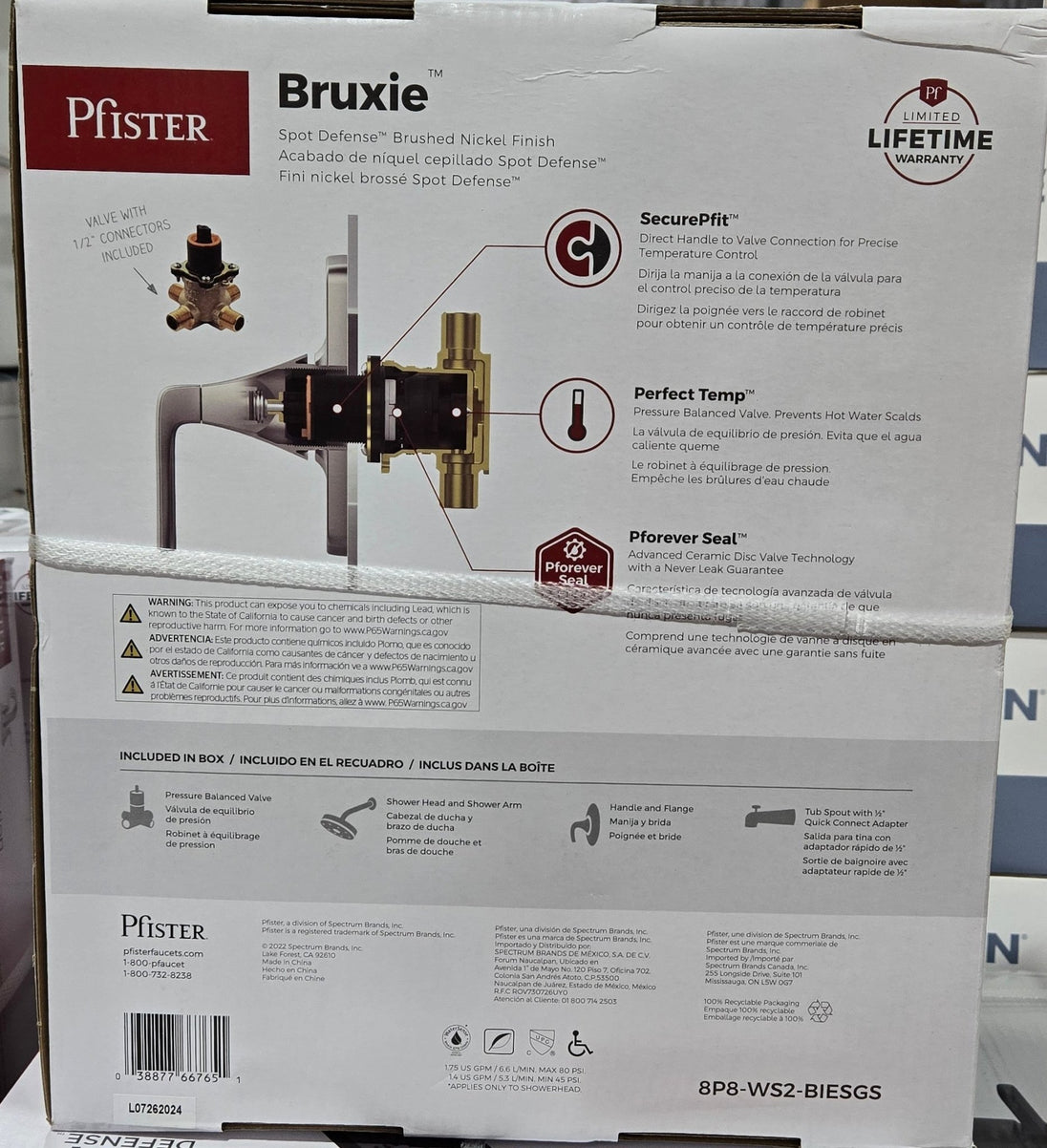 Pfister Bruxie Tub Shower Faucet Brushed Nickel 8P8 - WS2 - BIESGS 1 - Handle 1 - Spray 1.8 GPM Spot Defense (Valve Included) - resaled - Pfister - 038877667651