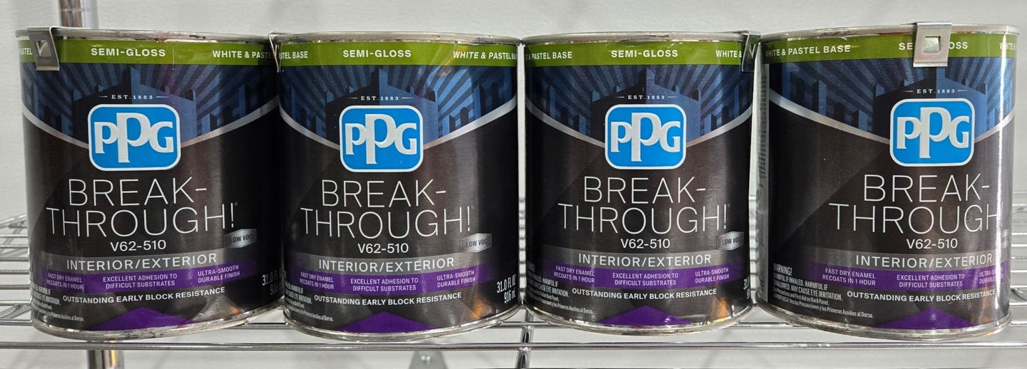 PPG Paint Break - Through! Lot of 4x 1 qt Semi Gloss White Interior Exterior Base 1 V62 - 510 - resaled - PPG - 056198936768