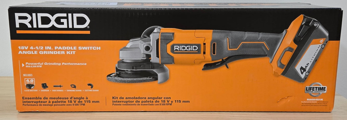 Ridgid 18V Cordless 4 - 1/2 in. Angle Grinder Kit R860451K 4.0 Ah Battery Charger - resaled - RIDGID - 648846095783