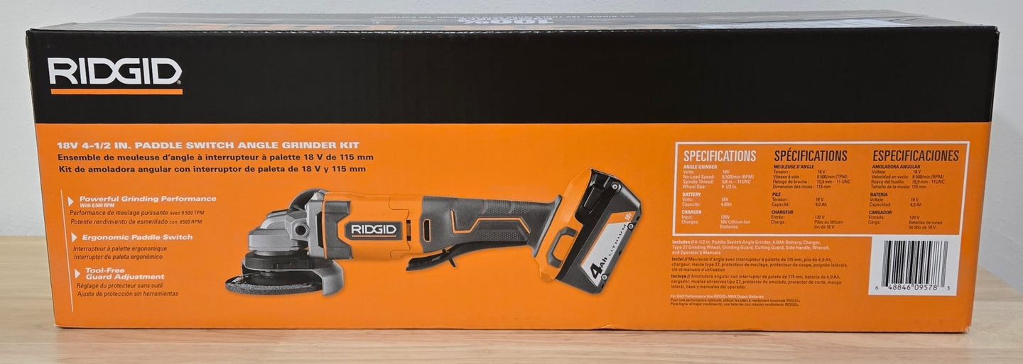 Ridgid 18V Cordless 4 - 1/2 in. Angle Grinder Kit R860451K 4.0 Ah Battery Charger - resaled - RIDGID - 648846095783