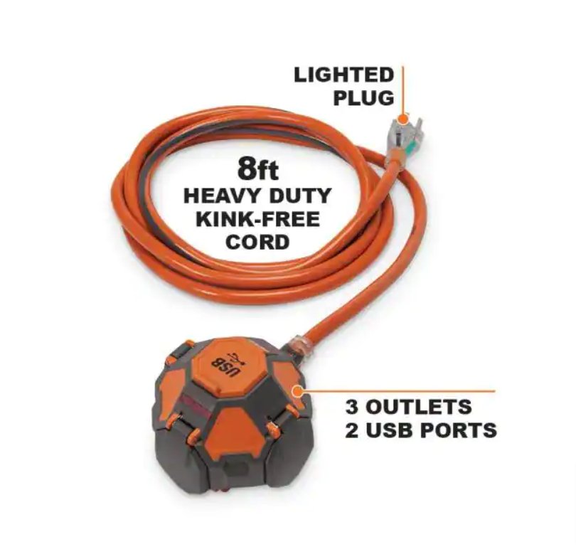 Ridgid Power Ball 8' Extension Cord 3 Outlet 2 USB 14 Gauge 15 Amp 120 Volt - resaled - Ridgid - 819124015766