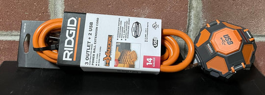 Ridgid Power Ball Lot of 2x 8' Extension Cord 3 Outlet 2 USB 14 Gauge 15 Amp 120 Volt - resaled - Ridgid - 819124015766