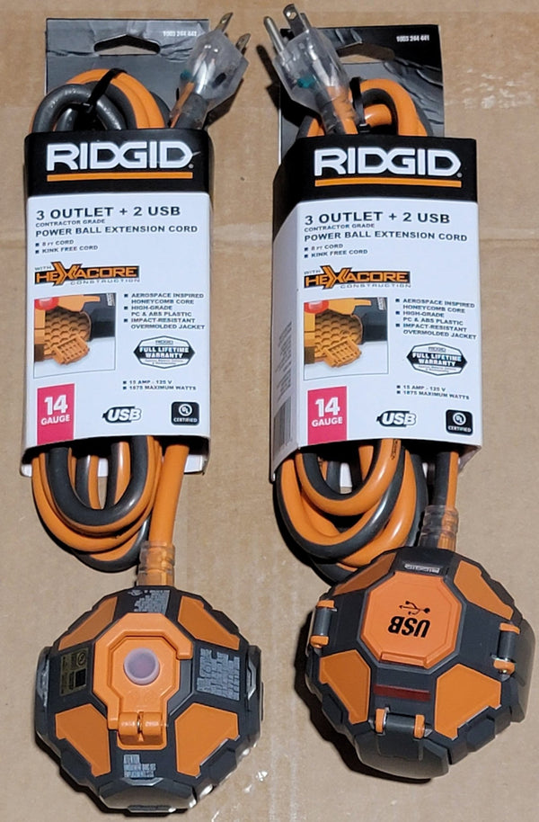 Ridgid Power Ball Lot of 2x 8' Extension Cord 3 Outlet 2 USB 14 Gauge 15 Amp 120 Volt - resaled - Ridgid - 819124015766